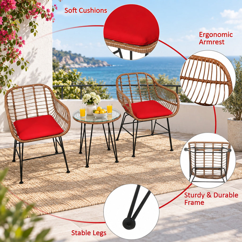 Airfind 3 Pieces Patio Rattan Bistro Set with Cushion, 170 lbs Capacity, Steel Rattan Sponge Polyester Frame, 22.5 Inch x 24 Inch x 31.5 Inch Footprint, Red