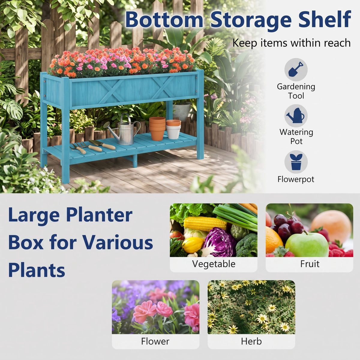 Airfind Poly Wood Elevated Planter Box with Legs Storage Shelf Drainage Holes, HIPS Frame, 47 x 18 x 29 (L x W x H) Interior Footprint, Blue
