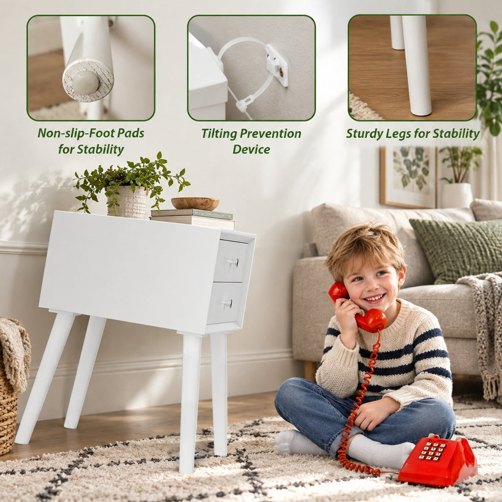 Airfind Wooden Nightstand Mid-Century End Side Table with 2 Storage Drawers, 165 lbs Capacity, Rubber Wood Frame, White