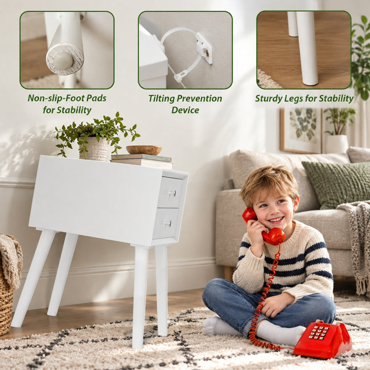 Airfind Wooden Nightstand Mid-Century End Side Table with 2 Storage Drawers, 165 lbs Capacity, Rubber Wood Frame, White