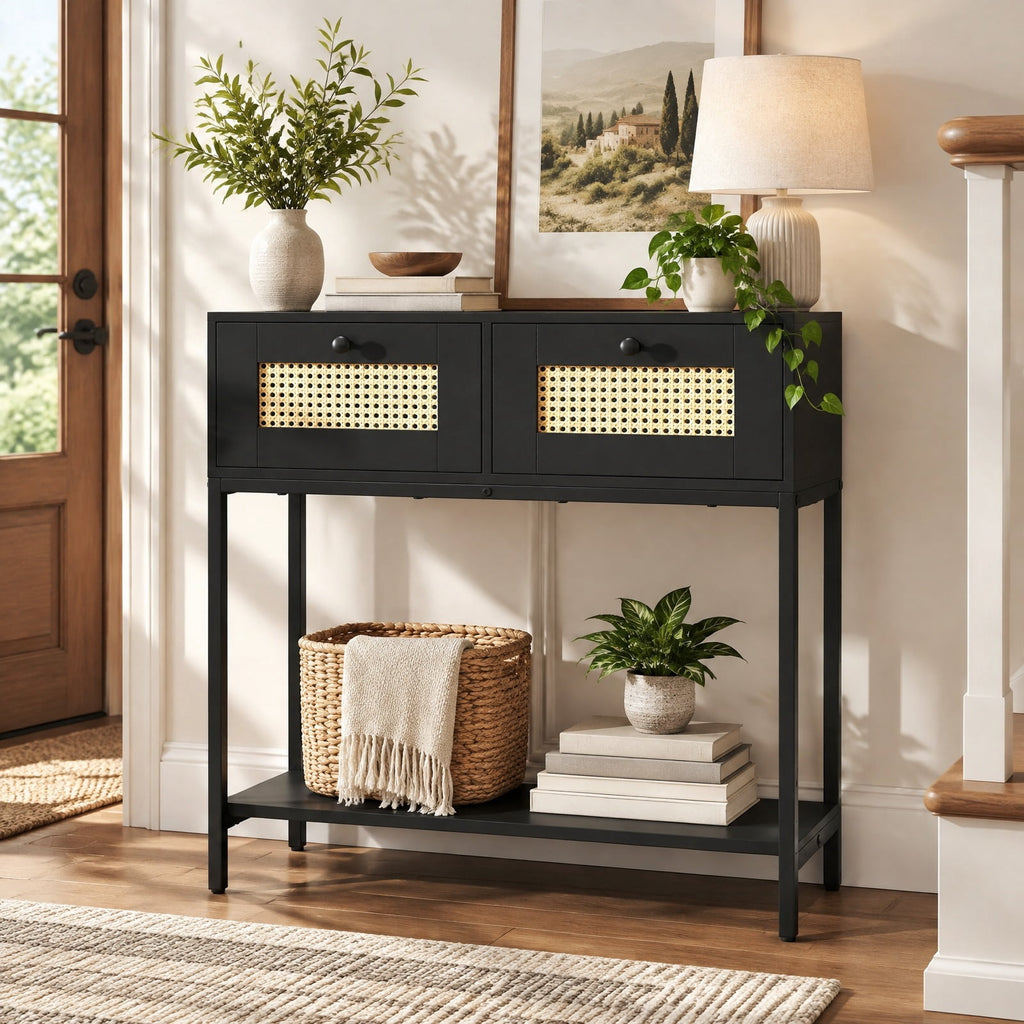 Airfind Rattan Console Table Boho Entryway Table with 2 Rattan Drawers and Open Storage Shelf, 88 lbs Capacity, Black