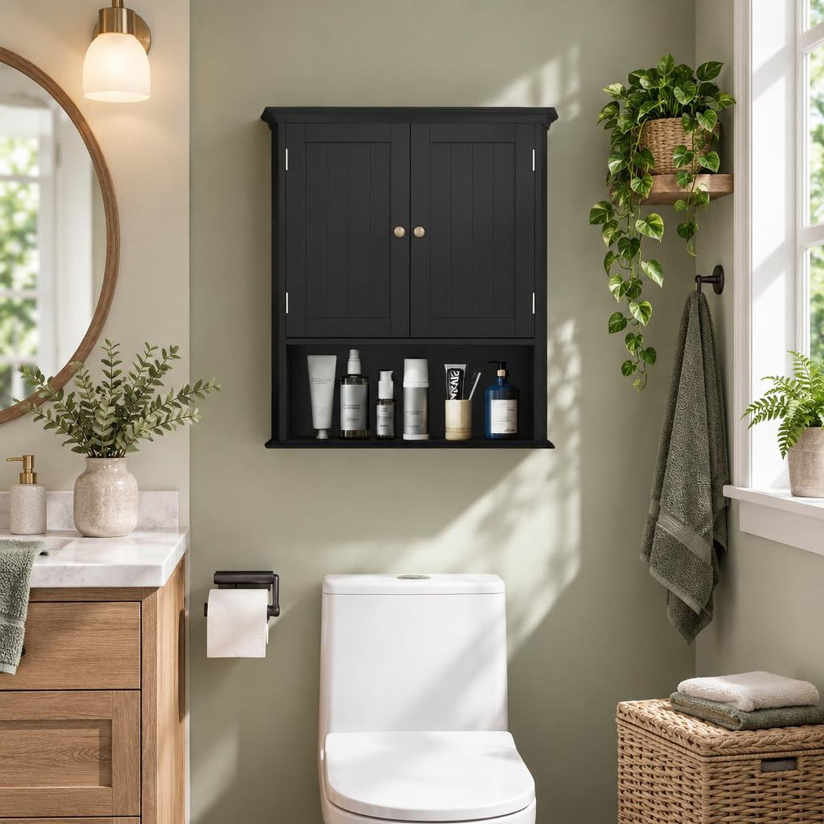 Airfind Wall Mount Bathroom Cabinet Storage Organizer with Doors and Shelves, MDF Metal for Convenient Everyday Use, Black