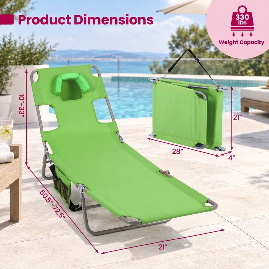 Airfind Folding Beach Lounge Chair with Adjustable Backrest for Lawn, 330 lbs Capacity, Metal Oxford Fabric Polyester Sponge Frame, Green