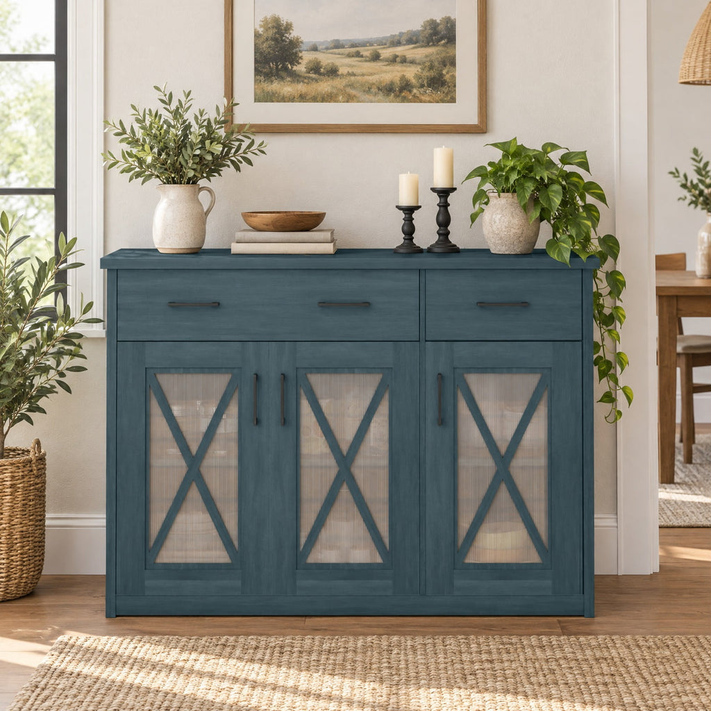 Airfind Farmhouse Buffet Sideboard 3-Door Kitchen Storage Cabinet featuring 2 Drawers, Top 132 lbs Total Capacity, Engineered Wood PC Frame, Turquoise
