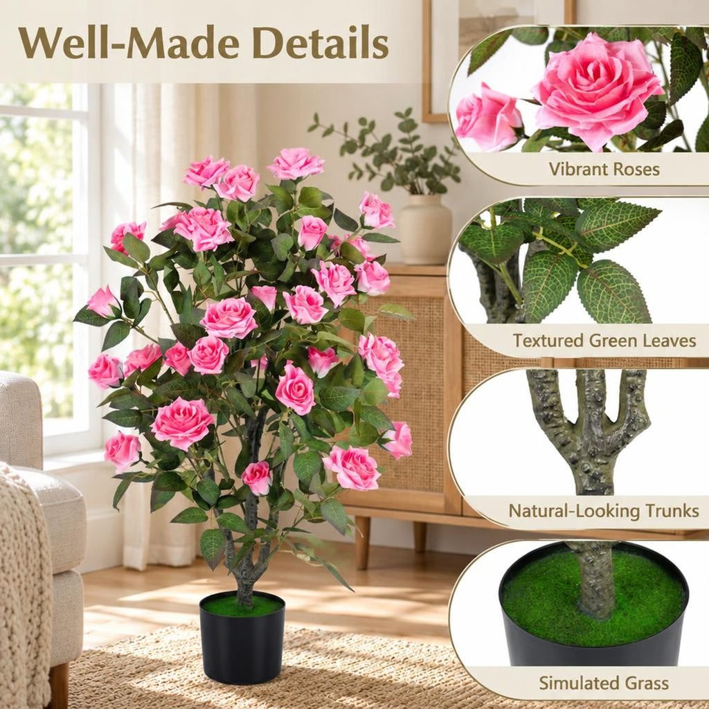 Airfind Set of 2 Artificial Rose Tree with Blooming Flowers and Green Leaves for Indoor, Silk Fabric Rubberized Fabric PE PP Tree Height 35.5 Frame