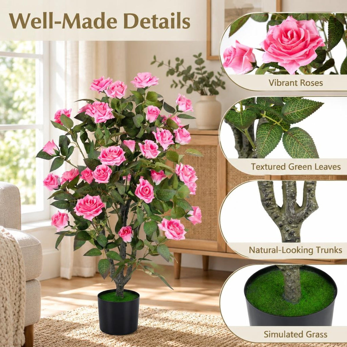 Airfind Set of 2 Artificial Rose Tree with Blooming Flowers and Green Leaves for Indoor, Silk Fabric Rubberized Fabric PE PP Tree Height 35.5 Frame