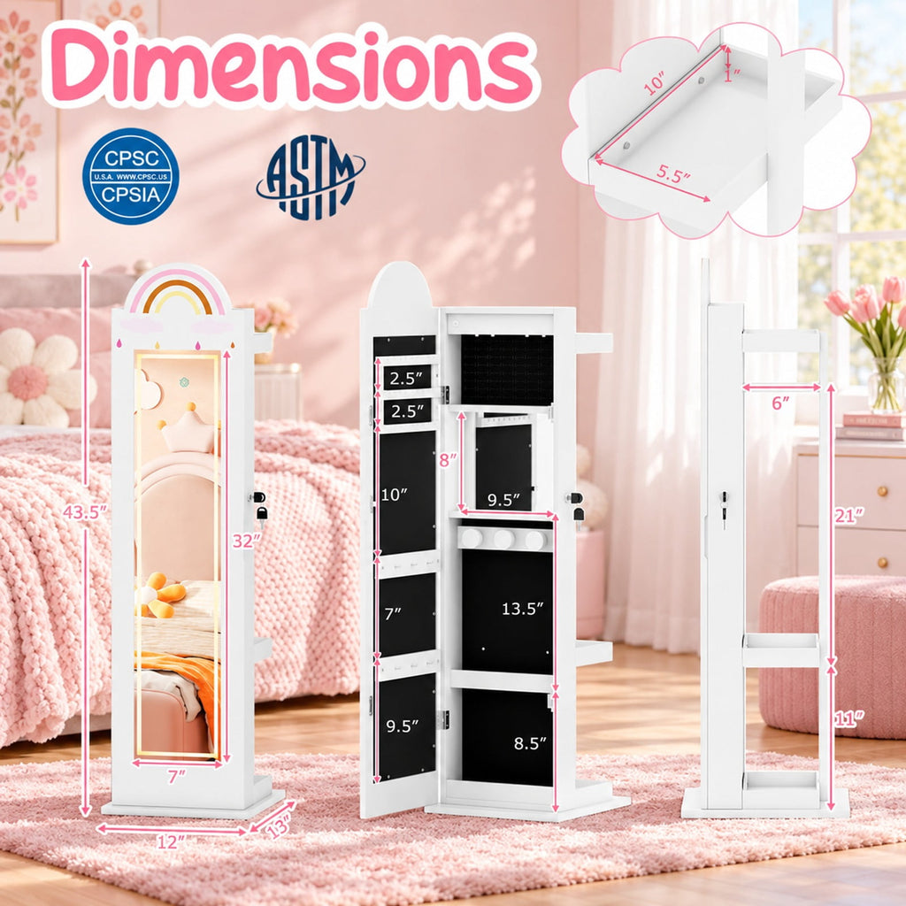 Airfind 3 In 1 Kids Jewelry Cabinet Freestanding Jewelry Armoire with 3-Color Lighted Mirror, MDF Glass Acrylic Frame, White