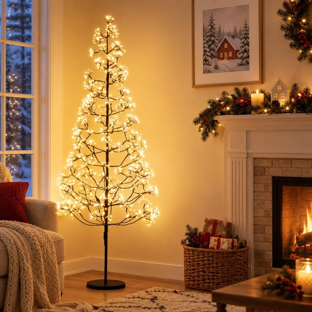 Airfind 5/6/7 FT Lighted Alpine Tree with Warm White Light LED Lights Pre-lit Artificial Cedar Tree with Weighted Base-6ft, White