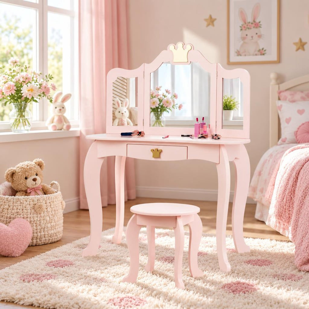 Airfind Kids Makeup Dressing Table with Tri-folding Mirror and Stool, 33 lbs Capacity, MDF pine Frame, 31.5in x 16.5in x 41.5in Footprint, Pink