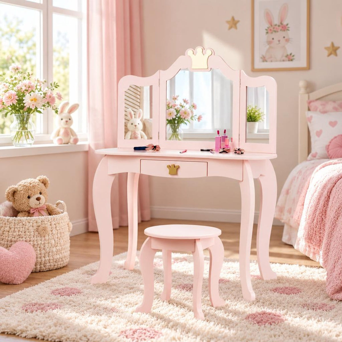 Airfind Kids Makeup Dressing Table with Tri-folding Mirror and Stool, 33 lbs Capacity, MDF pine Frame, 31.5in x 16.5in x 41.5in Footprint, Pink