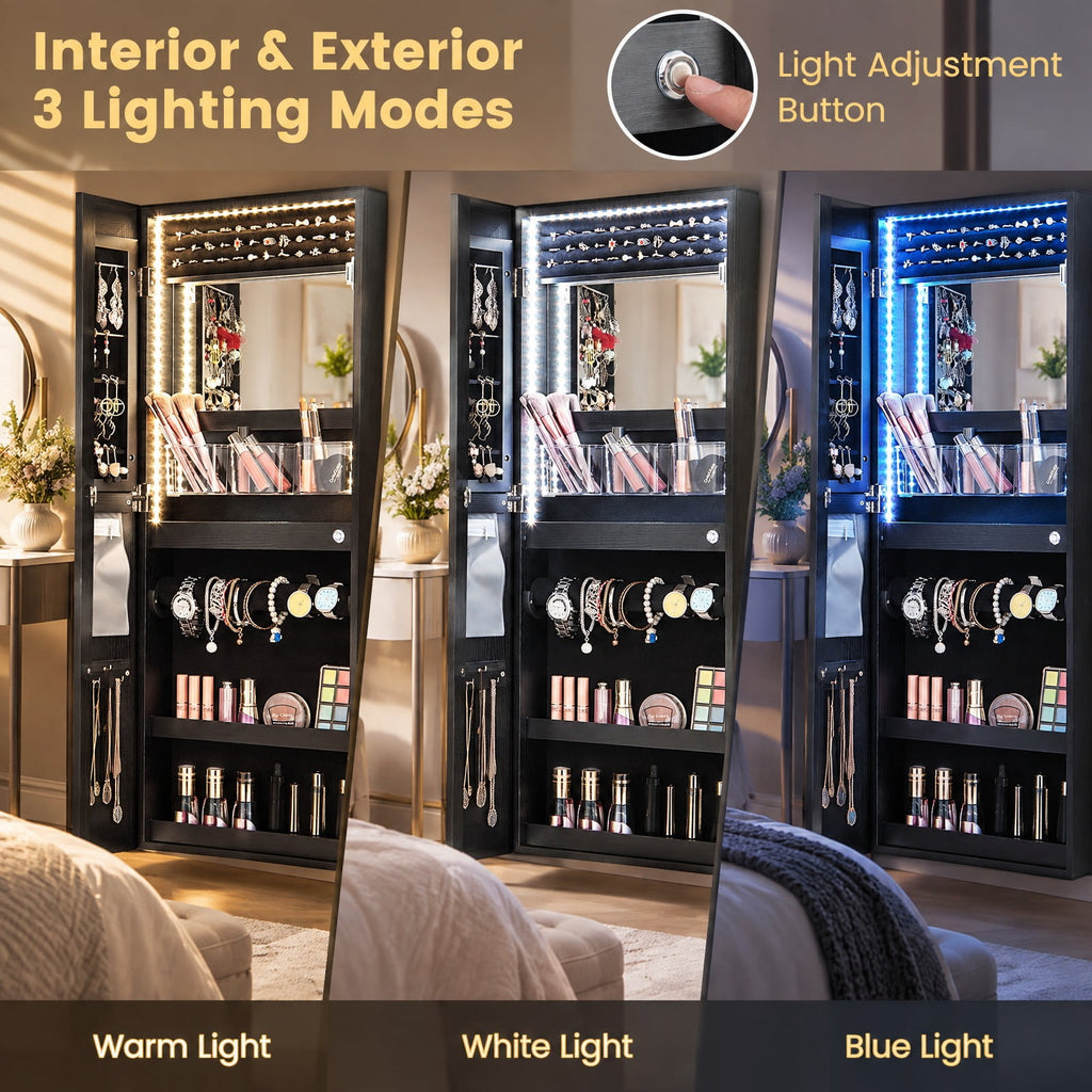 Airfind 42.5 Inches Lockable Jewelry Mirror Wall Cabinet with 3-Color LED Lights, MDF Frame, 15 x 4 x 42.5 Hook Footprint, Black