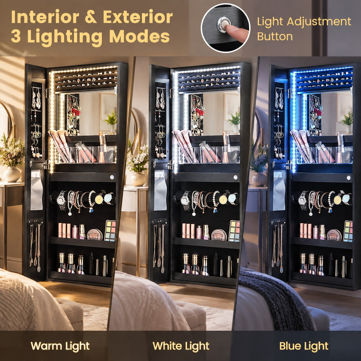 Airfind 42.5 Inches Lockable Jewelry Mirror Wall Cabinet with 3-Color LED Lights, MDF Frame, 15 x 4 x 42.5 Hook Footprint, Black