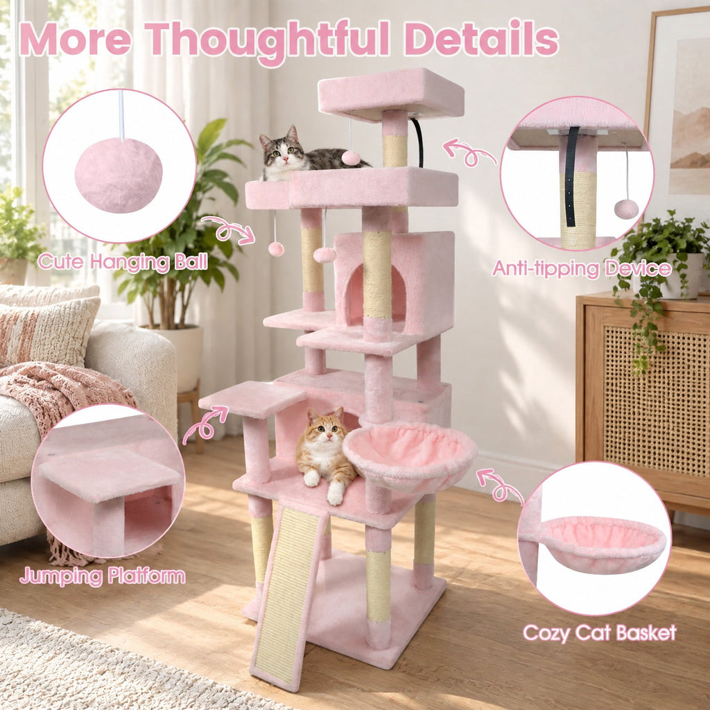 Airfind 65 Inch Tall Multi-level Cat Tree with 3 Upholstered Perch and 2 Cat Condos, Fabric Sisal Engineered Wood Overall Height 65 Inch Base Frame