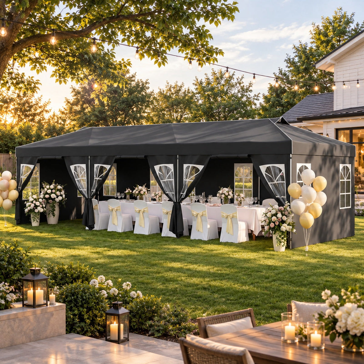 Airfind 10 x 30 FT Pop Up Canopy Tent with 8 Sidewalls and Adjustable Height, PE Metal Fabric Frame, 30 x 10 x 8.5/8.2/7.9 ft Footprint, Black