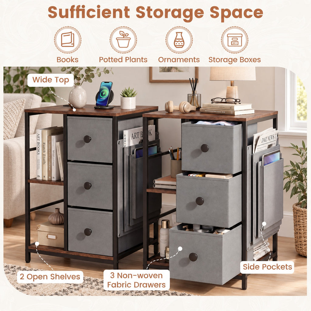 Airfind Side Table with Charging Station Industrial Nightstand with Open Shelves, 18 x 16 x 25Inner Footprint, Brown