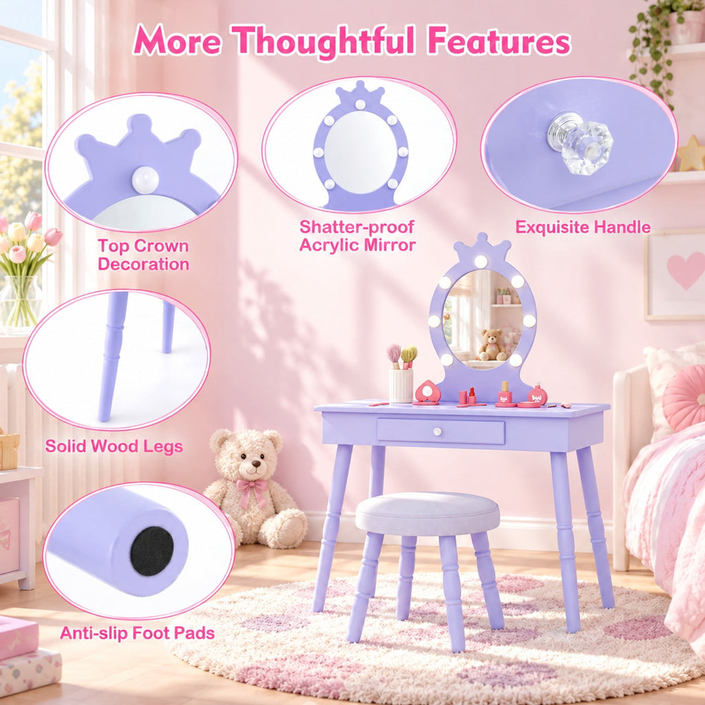 Airfind Kids Vanity Set with Lighted Mirror with Adjustable Brightness and Large Drawer, 110 lbs Capacity, MDF Frame, for 3-7 Years Old, Purple