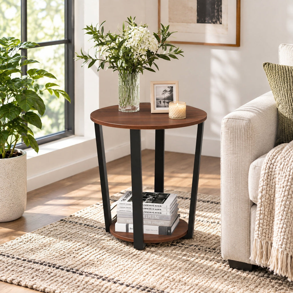 Airfind End Table, Round, with Open Shelf and Metal Frame, 66 lbs Capacity, Engineered Wood Metal Frame, 19.5 Inch x 19.5 Inch x 22.5 Inch Footprint, Walnut