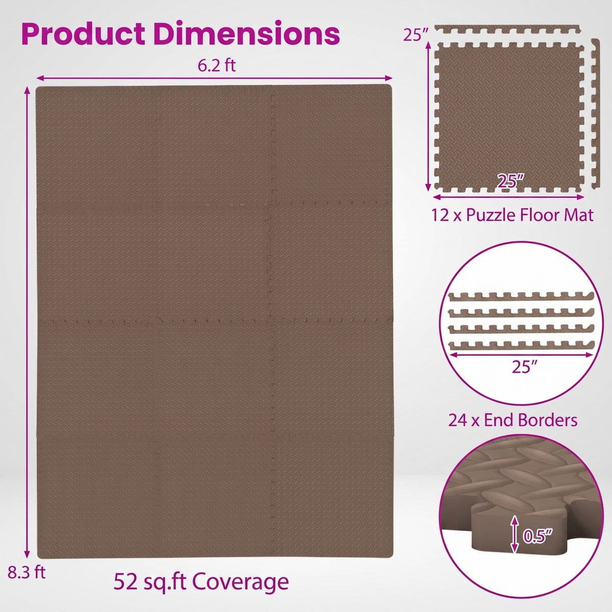 Airfind 12 Tiles Puzzle Exercise Floor Mat with Interlocking EVA Foam and Non-Slip Texture for Home Gym Equipment Protection, Brown