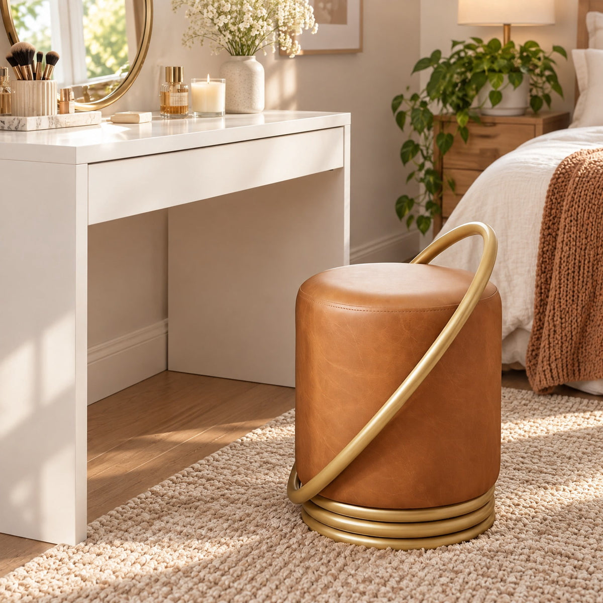 Airfind Vanity Stool, Round, Faux Leather Vanity Chair with Halo Design, 330 lbs Capacity, 17 Inch x 15 Inch x 21 Inch Seat Height 14 Inch Footprint, Brown