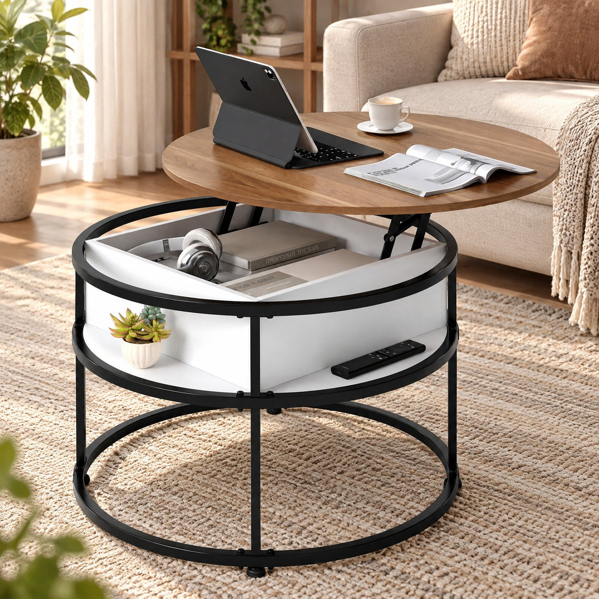 Airfind 31.5 Inch Round Lift Top Coffee Table with Hidden Compartment and Side Shelves, 110 lbs Capacity, Engineered Wood Metal Frame, Teak