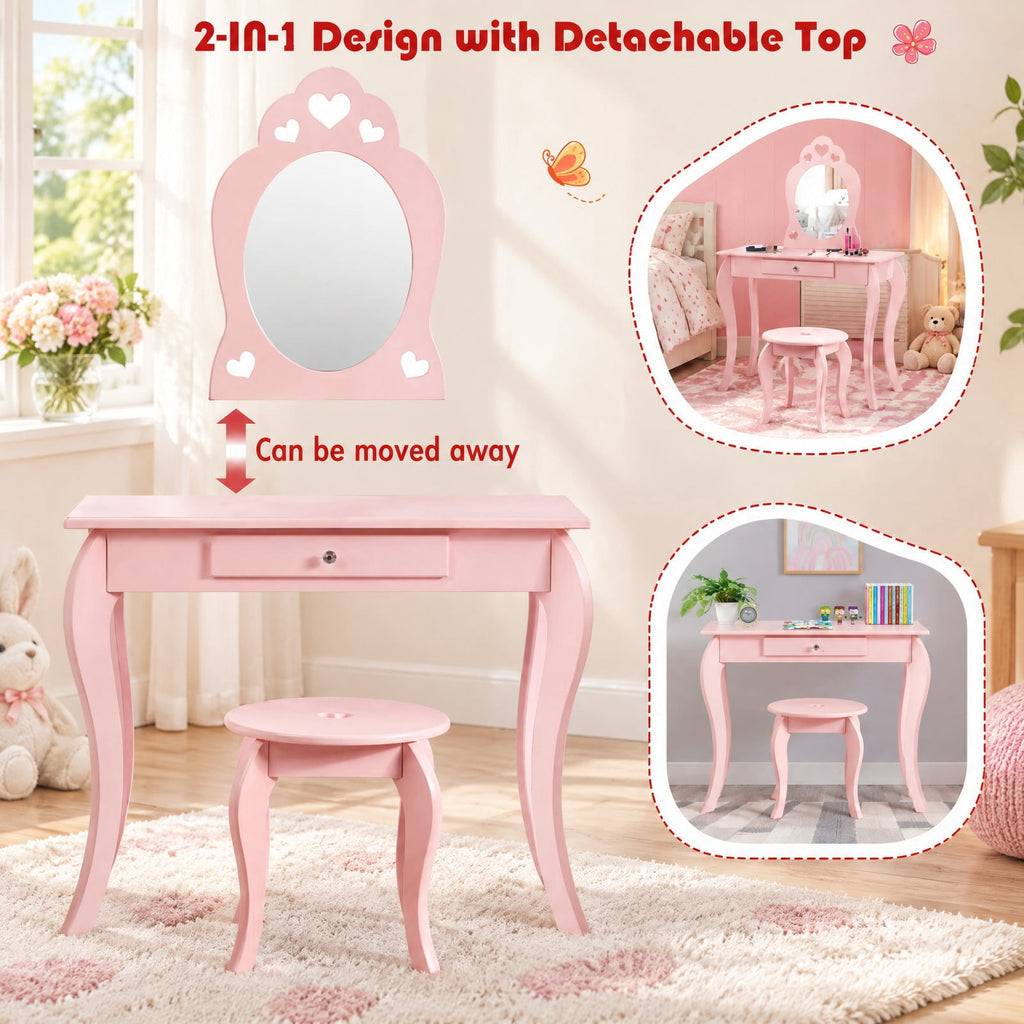 Airfind Kids Princess Makeup Dressing Play Table Set with Mirror, 33 lbs Capacity, MDF pine Frame, 27.5 Inch x 13.5 Inch x 41.5 Inch Footprint, Pink