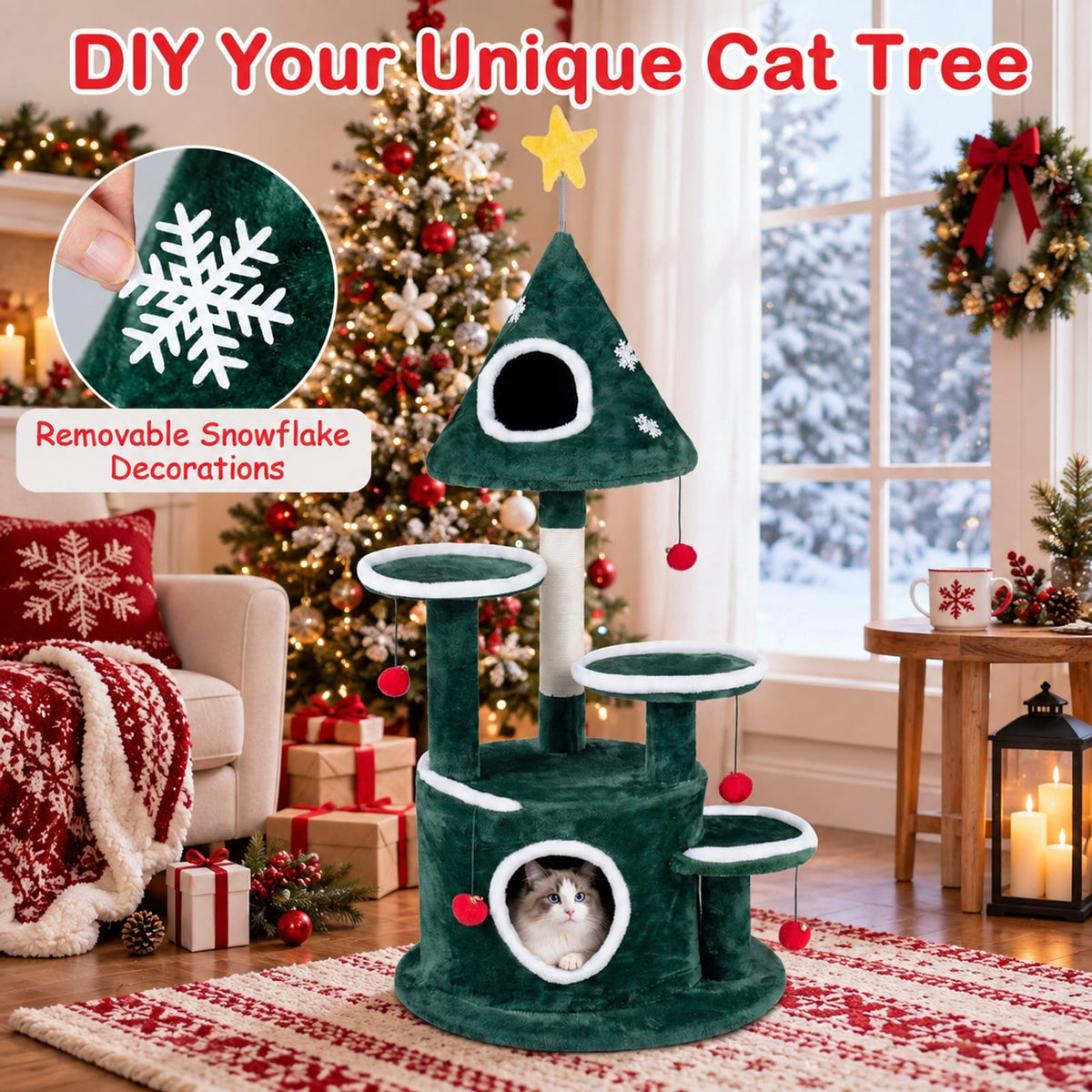 Airfind 50in Christmas Cat Tree with 2 Condos and Sisal Scratching Post, Green, Star-shaped spring toy for extra entertainment