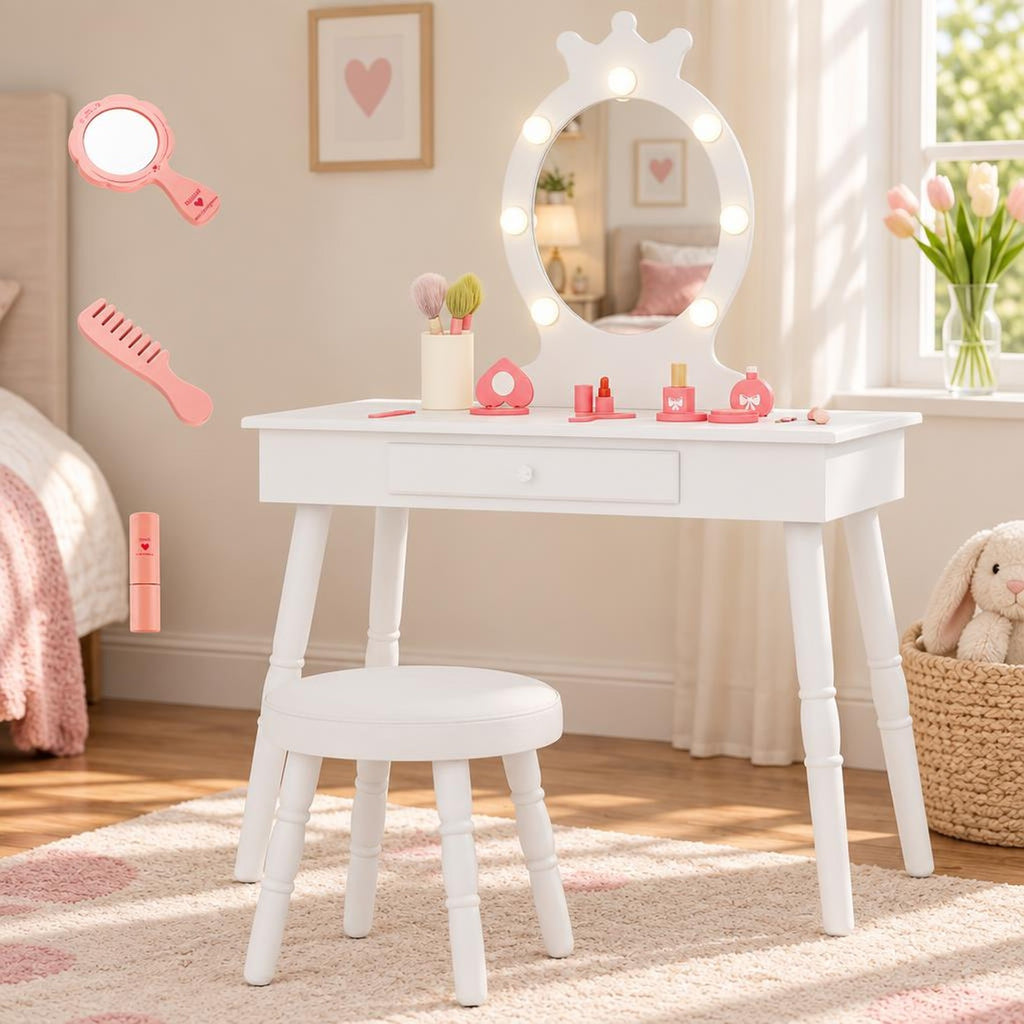 Airfind Kids Vanity Set with Lighted Mirror with Adjustable Brightness and Large Drawer, 110 lbs Capacity, MDF Frame, for 3-7 Years Old, White