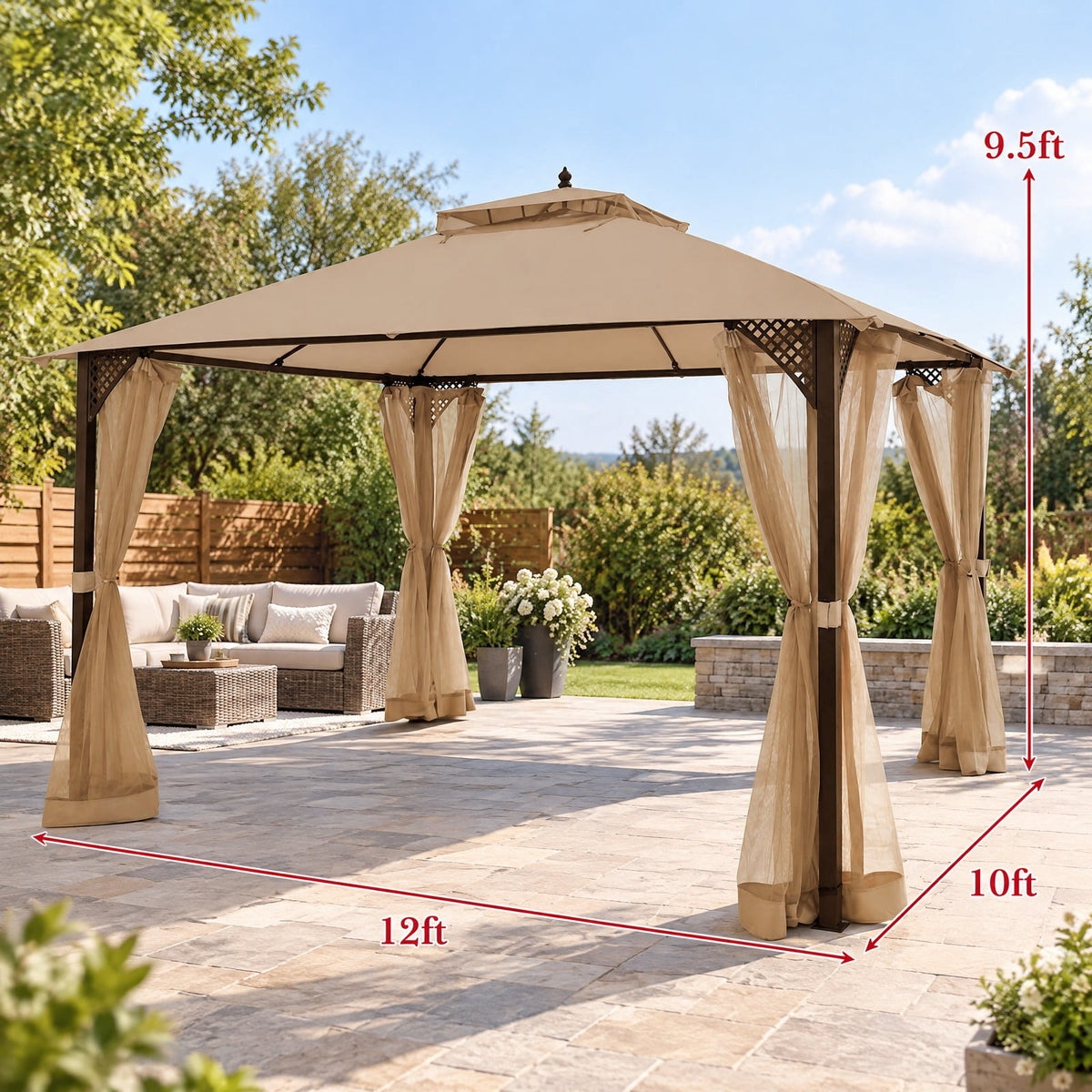 Airfind 12 x 10 Feet Outdoor Double Top Patio Gazebo with Netting, Polyester steel Frame, 12 x 10 x 9.5 Footprint, Brown