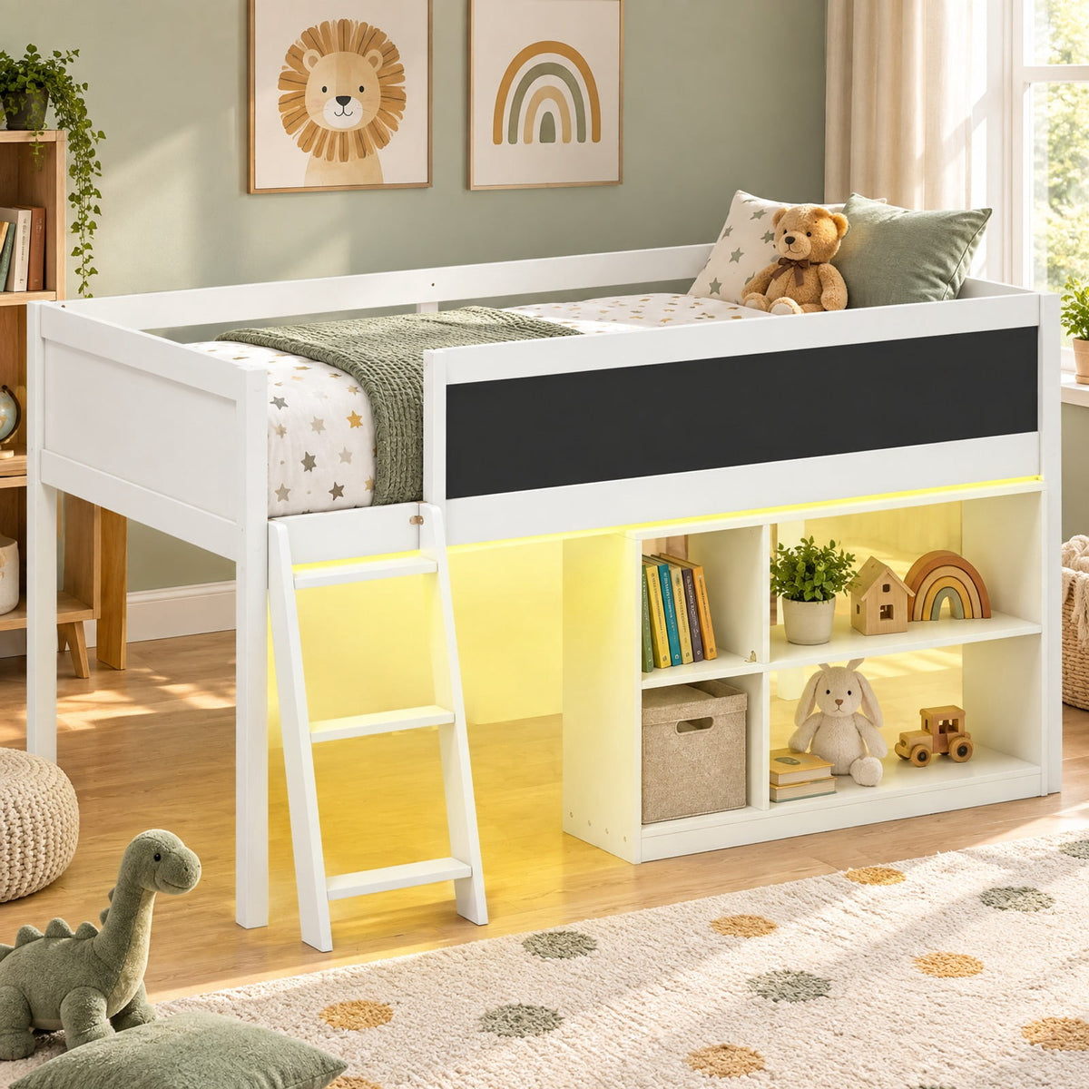 Airfind Twin Size Kids Loft Bed with LED Lights and Removable Bookcase, 350 lbs Capacity, Solid Wood Plywood Engineered Wood Frame, Gray