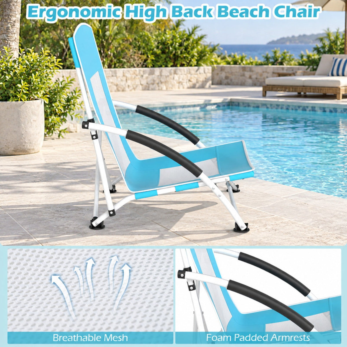 AIRFIND Beach Chair with Adjustable Clamp-On Umbrella, Folding Frame, Mesh Panels, Padded Armrests and Carry Bag, Blue