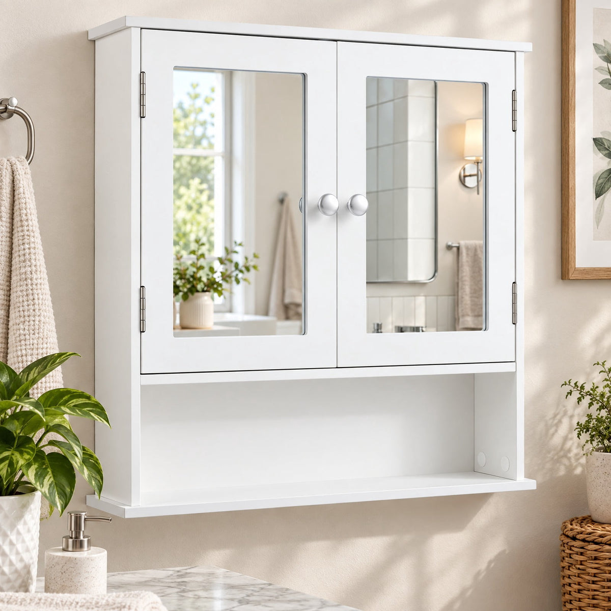 Airfind Bathroom Wall Mount Mirror Cabinet Organizer, 44 lbs Capacity, Engineered Wood Frame, 20in x 3.5in x 16in Footprint, White