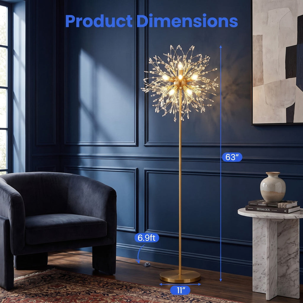 Airfind 63-Inch Crystal Floor Lamp with Acrylic Crystals, Metal Acrylic Stainless Steel Frame, 11in x 63in Cord Length 6.9 ft Footprint, Gold