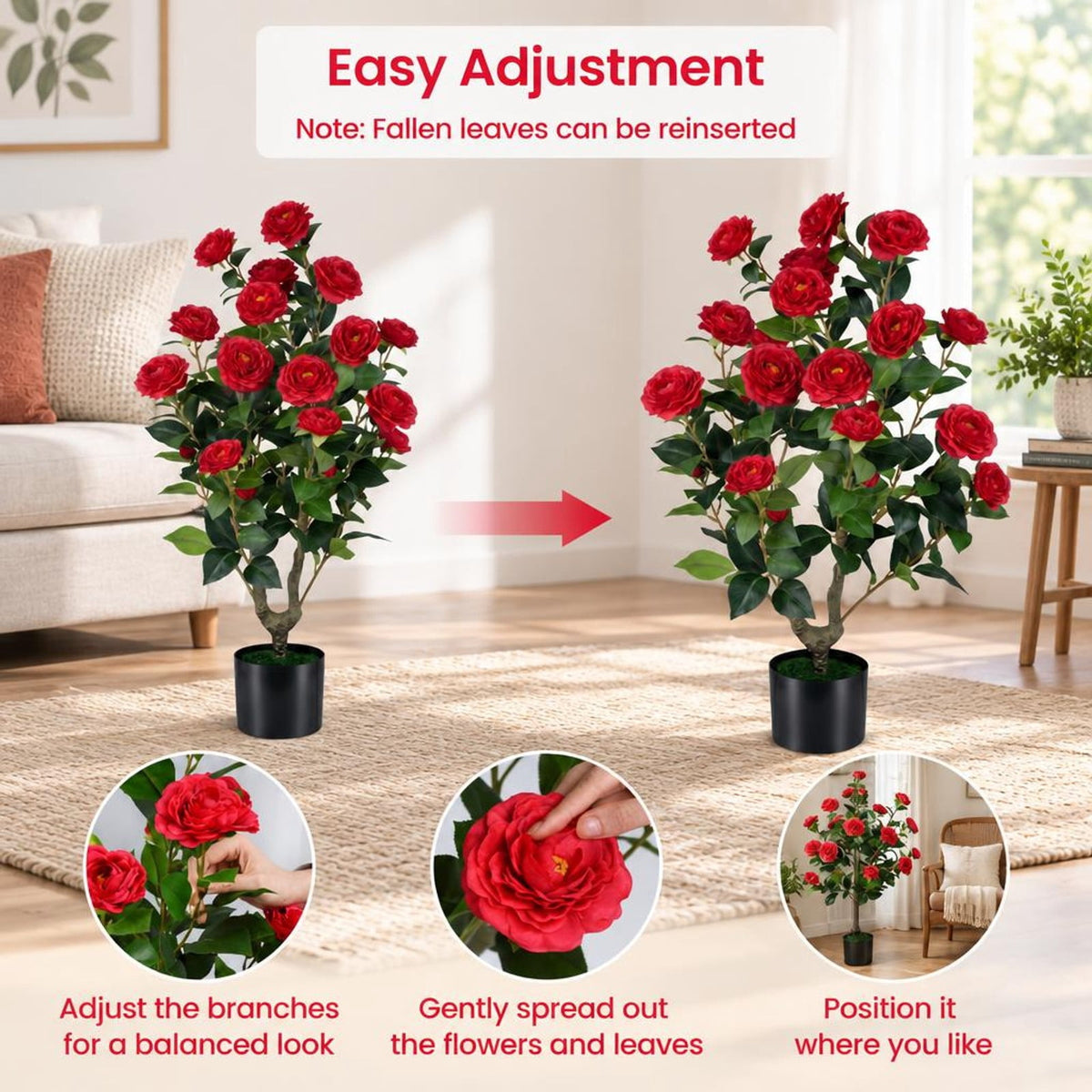 Airfind Artificial Camellia Tree Faux Flower Plant in Cement-Filled Pot=Red, PE PP Cement Overall Height 35.5 Flower Pot Height 5 Flower Pot Frame