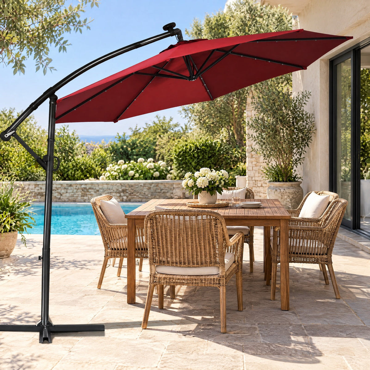 Airfind 10 ft 360° Rotation Solar Powered LED Patio Offset Umbrella without Weight Base, Steel aluminum polyester fabric Frame, 10 x 7.5 Footprint