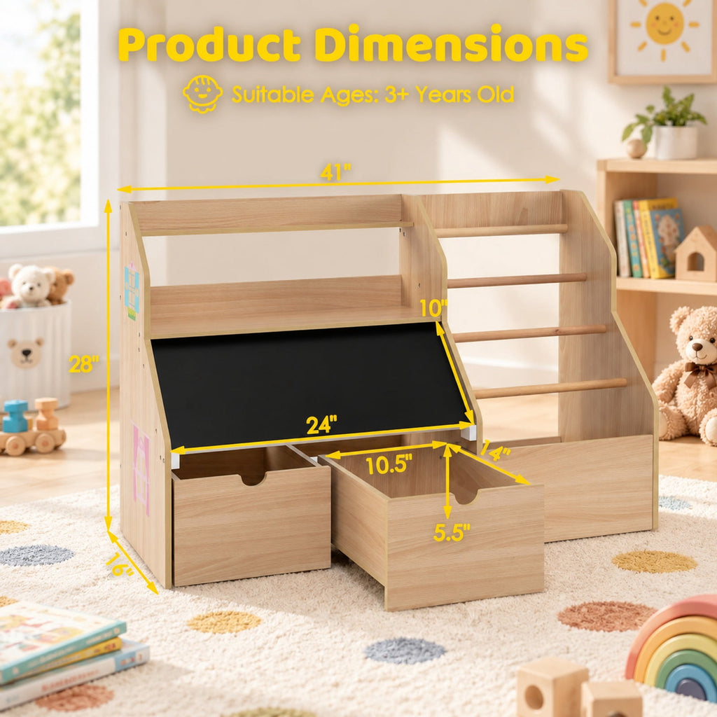 Airfind Kids Toy Storage Organizer with Flip-up Blackboard, Engineered Wood Pine Wood Frame, for 3+ Years Old, 41 Inch x 16 Inch x 28 Inch Footprint, Natural