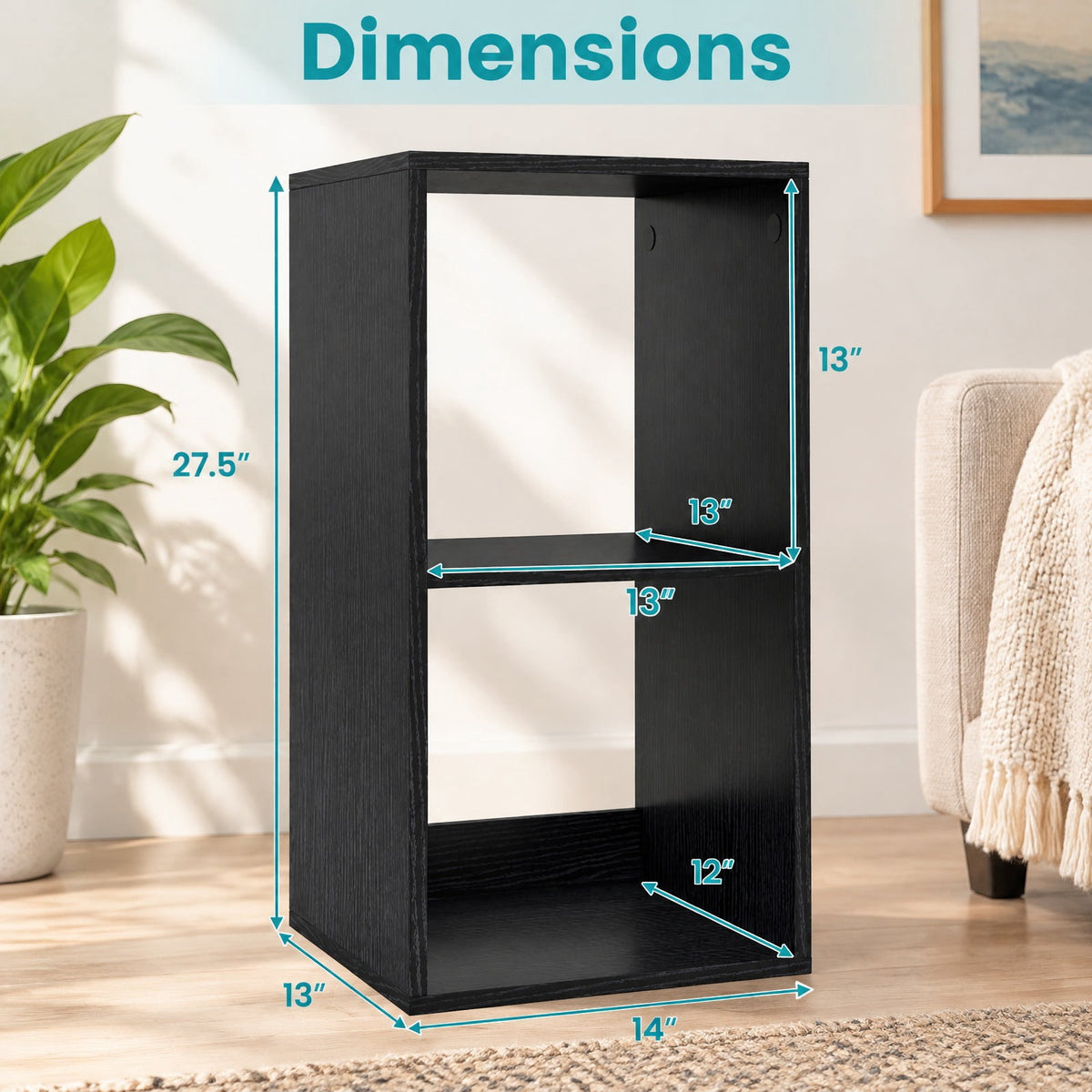 Airfind 2 Cube Bookshelf with Back Guardrail for Living Room Bedroom, Engineered Wood Frame, 14 Inch x 13 Inch x 27.5 Inch Depth of Bottom Shelf 12 Inch Footprint