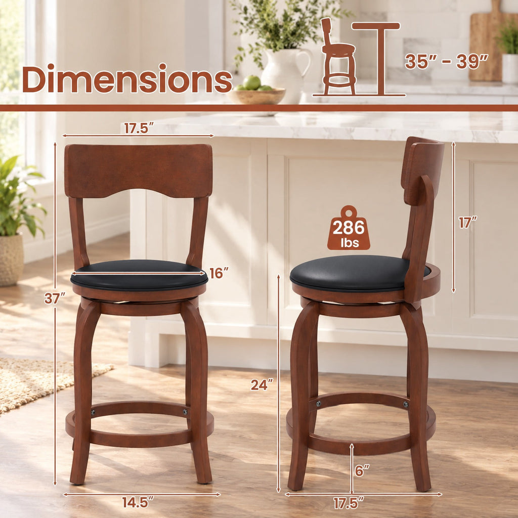 Airfind Swivel Bar Stools Set of 2 with Rubber Wood Frame and Upholstered Seat-24 Inch, 286 lbs Capacity, Rubber Wood Sponge PVC Frame, Wood