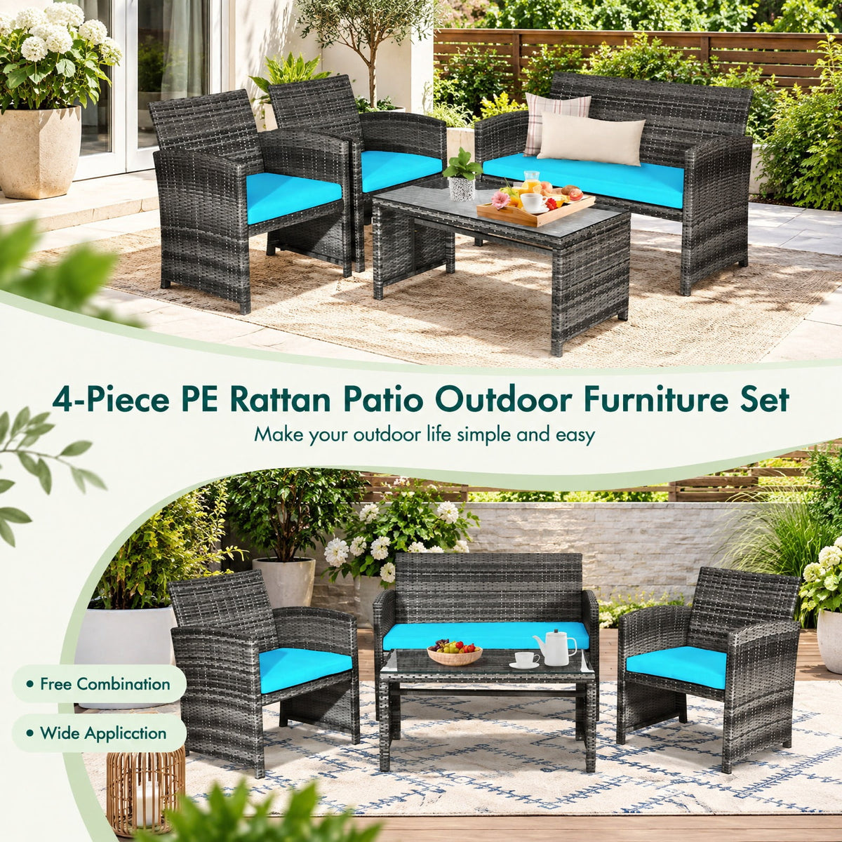 Airfind 4 Pieces Patio Rattan Furniture Set with Cushions, PE Rattan Polyester Fiber Steel Sponge Single Sofa Frame, Turquoise