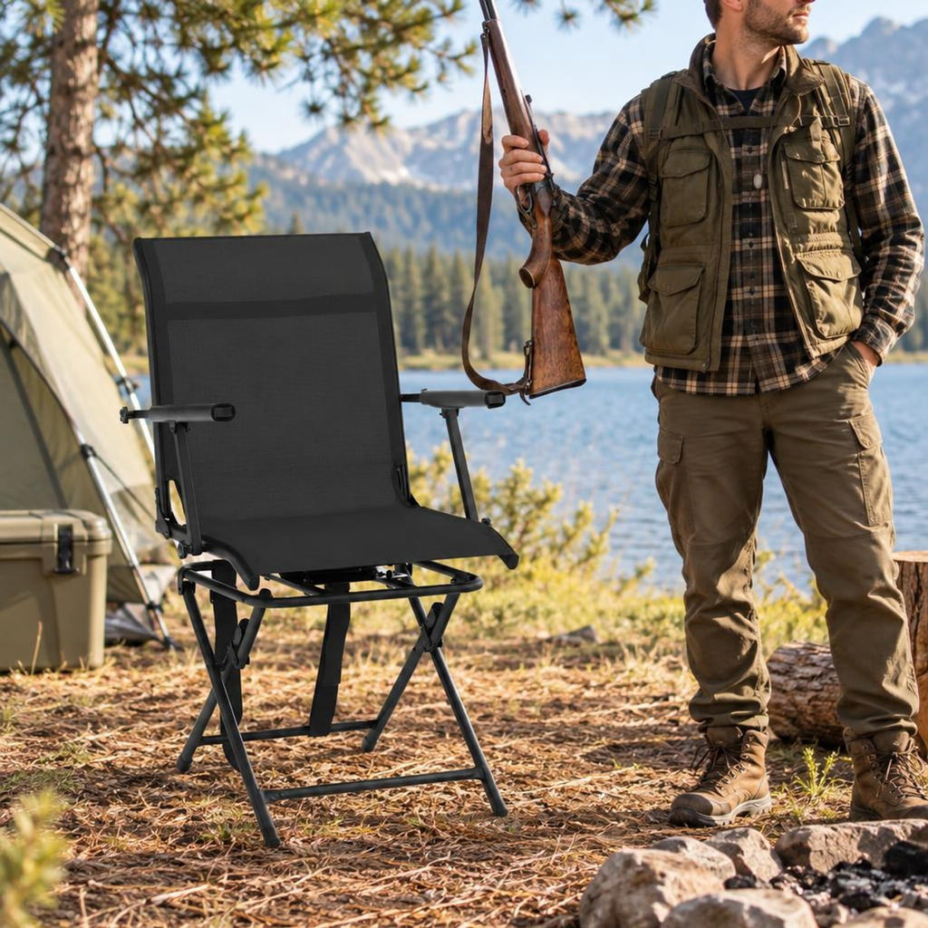 Airfind Foldable Swivel Hunting Chair with Mesh Back, Armrests and Wide Feet, 330 lbs Capacity for Ground Blind and Outdoor Use, Black