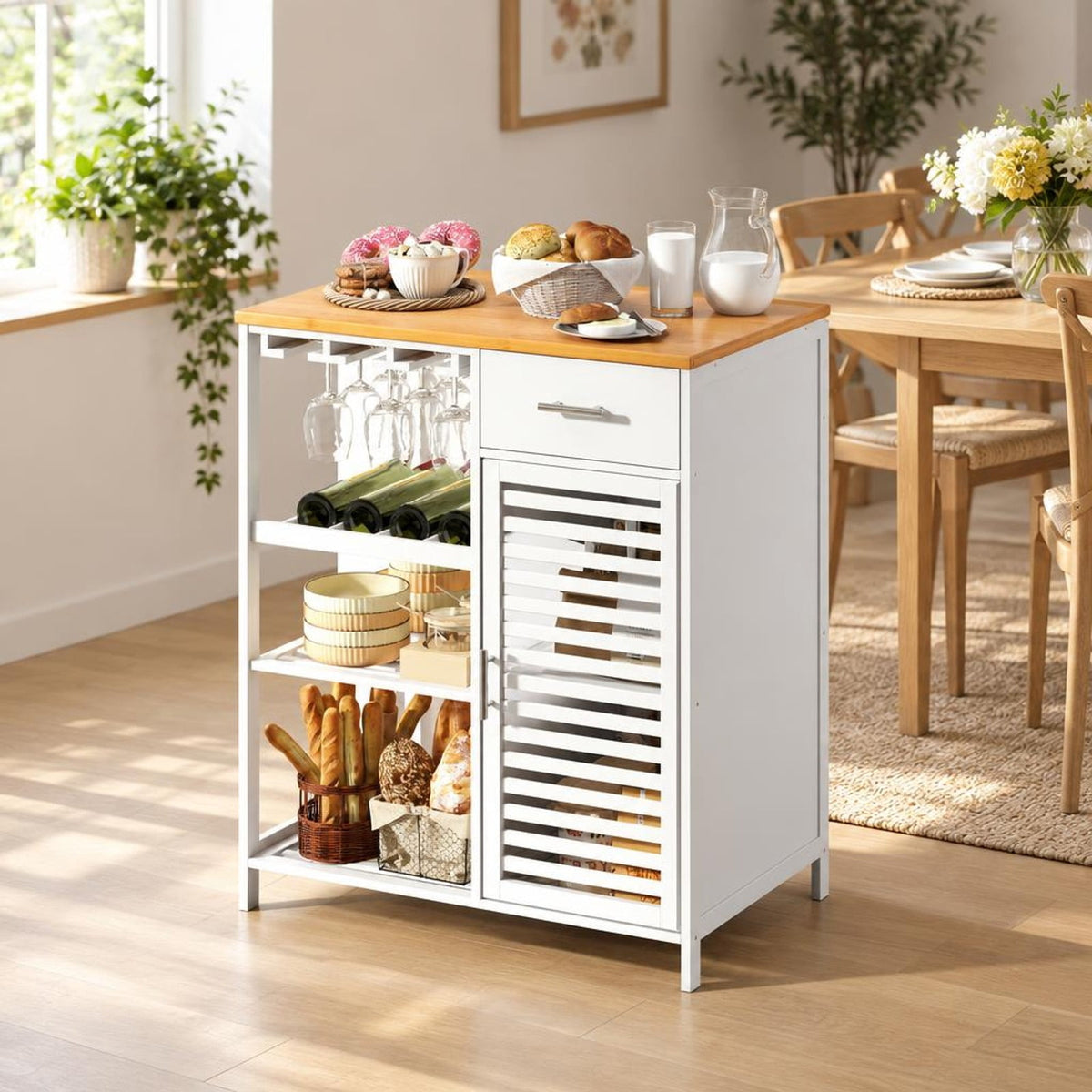 Airfind Coffee Bar Cabinet with Glass Holder Wine Rack and Bamboo Top, White, Smooth painted surface for easy maintenance