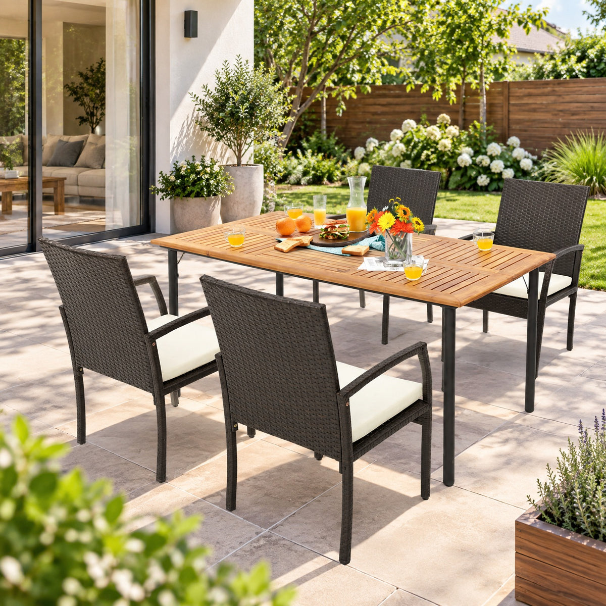 Airfind Patio Acacia Wood Dining Table with Umbrella Hole and Metal Legs, 165 lbs Capacity, Acacia Wood Metal Frame, 63 x 36 x 30 Footprint, Wood