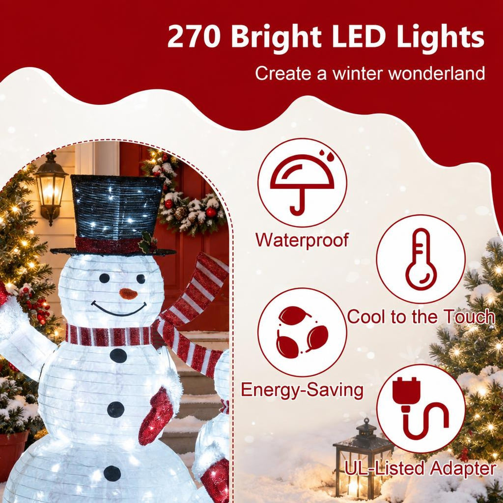 AIRFIND Pre Lit Snowman Decorations Set of 3, 3D Outdoor Christmas Display with Metal Frames and 270 LED Lights, Multi Color