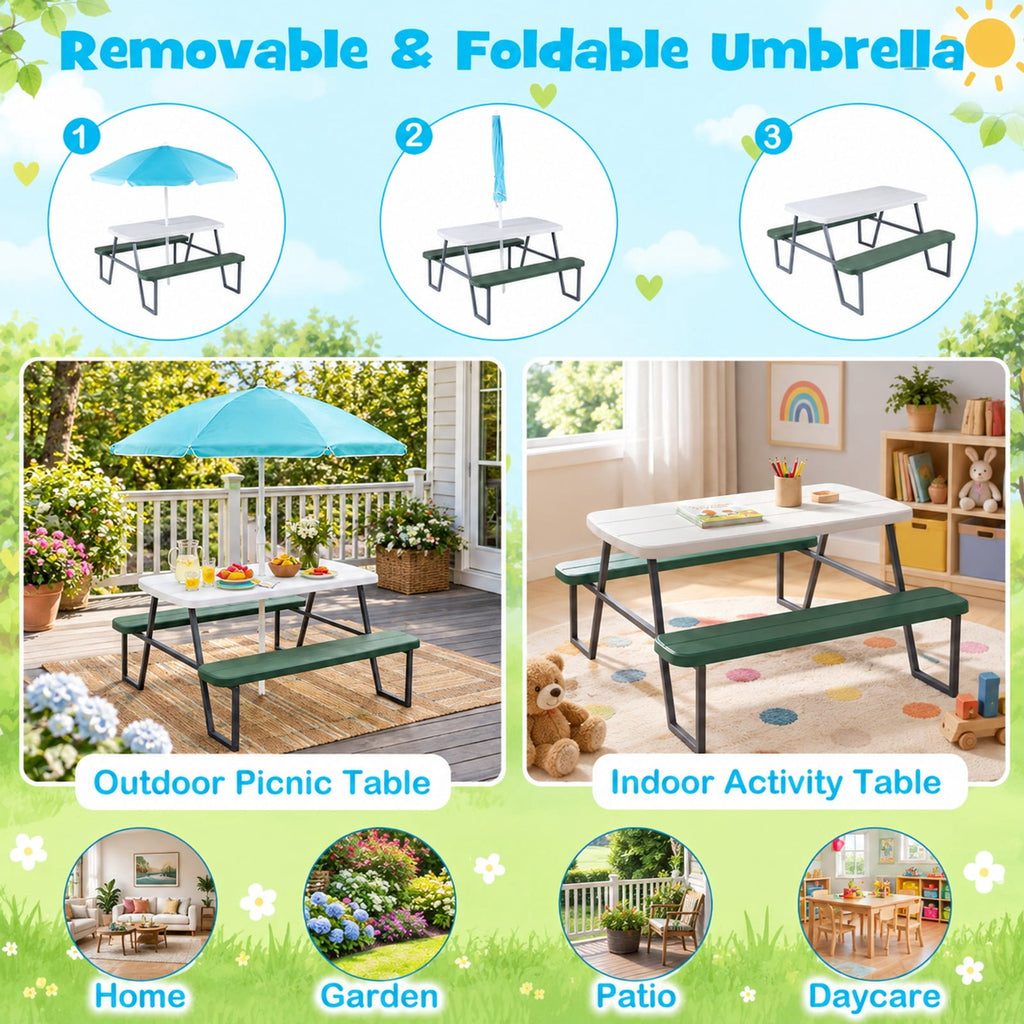 Airfind Kids Picnic Table with Benches Seats up to 4, 660 lbs Capacity, Metal Frame, for 3+ years old, 40 x 39.5 x 59 Tabletop Footprint, Green