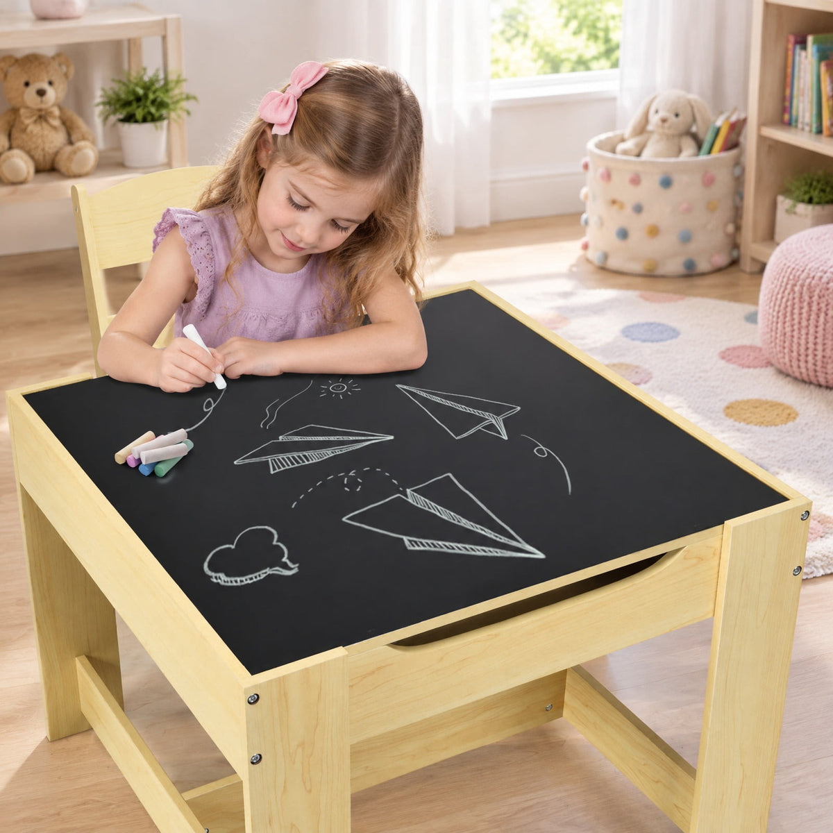 Airfind Kids Table Chairs Set With Storage Boxes Blackboard Whiteboard Drawing, P2 MDF Applicable age 3-7 Years Frame, 24.5 Inch x 24.5 Inch x 19 Inch Footprint