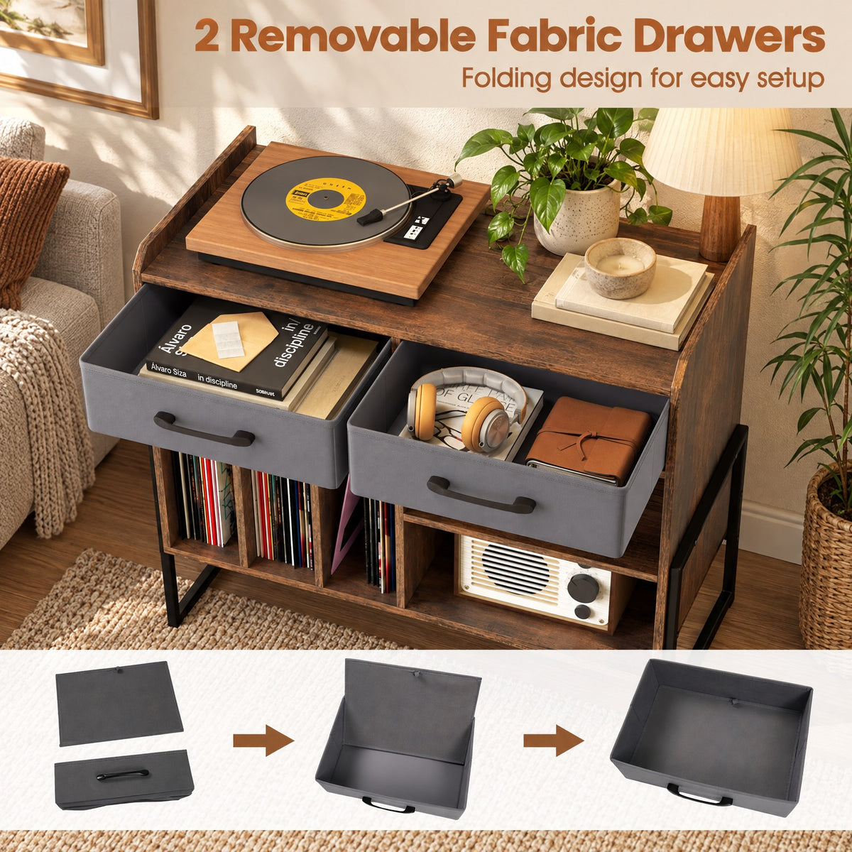Airfind Large Record Player Stand with Charging Station Mid Century Modern Vinyl Storage Cabinet, 209 lbs Capacity, 30in x 14in x 27in Inside Footprint