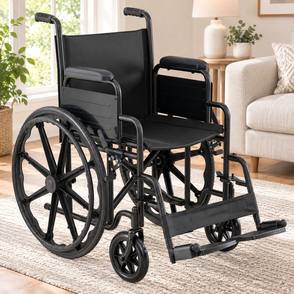 Airfind Lightweight Folding Wheelchair for Adults with Swing-Away Footrest and Desk Arm, 330 lbs Capacity, Metal Faux Leather Nylon Plastic Frame