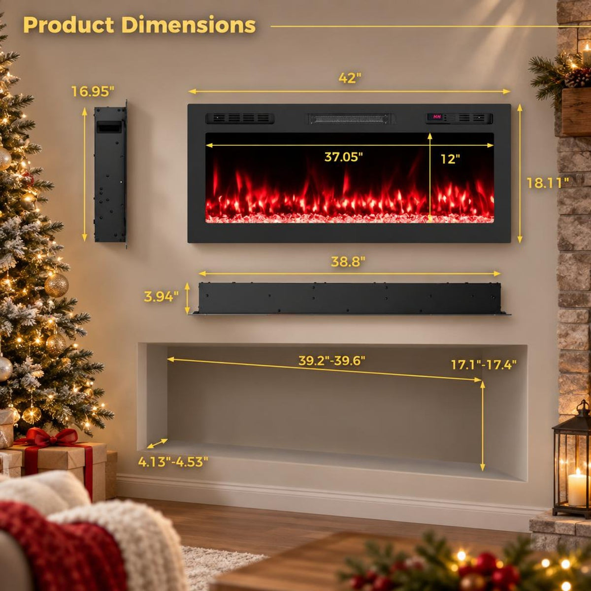 Airfind Smart WiFi Electric Fireplace Wall Mounted and Recessed 750W/1500W Heater-42 Inch, Black, Power Cord 5 ft Net Weight-36in 29.5 lbs