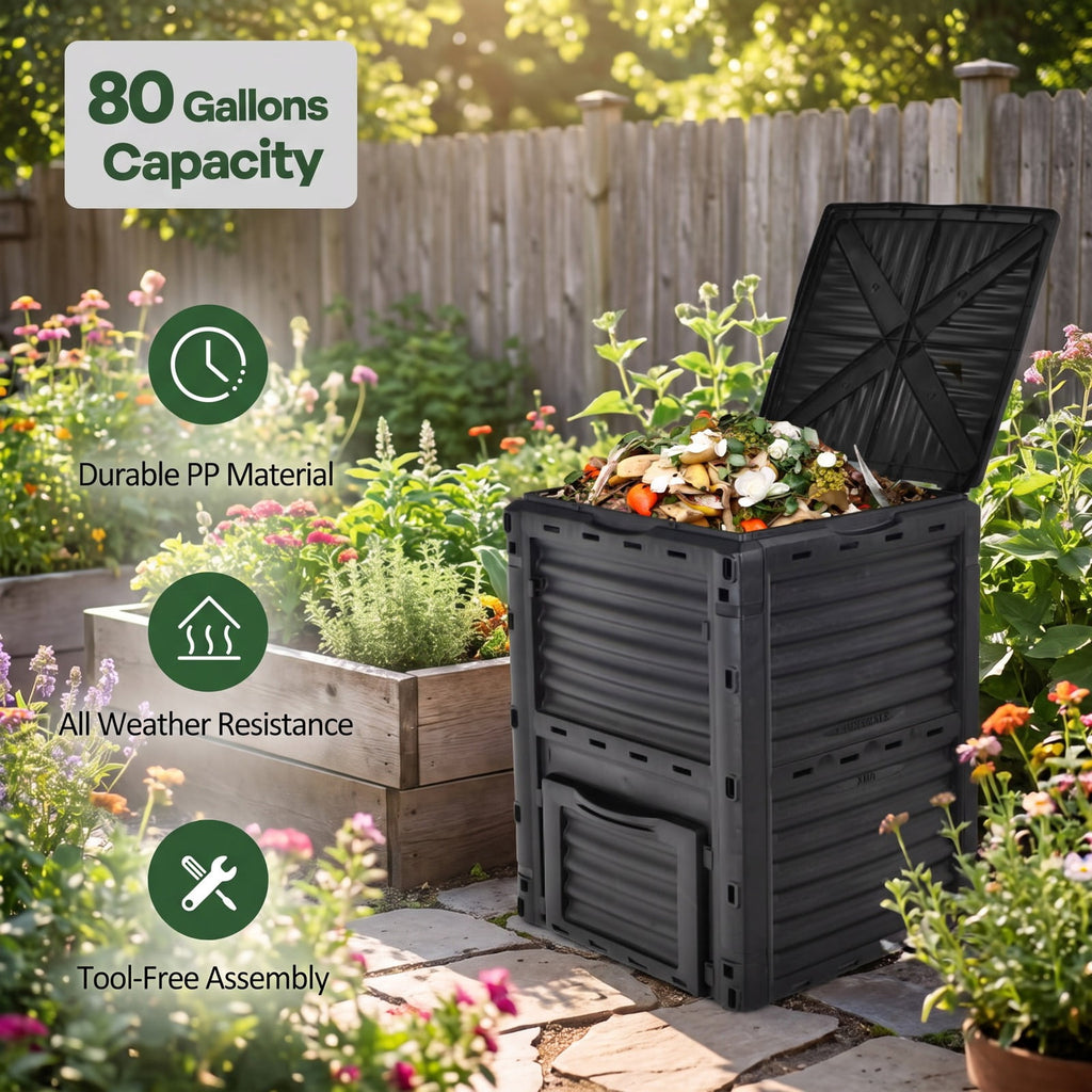 Airfind 80-Gallon Outdoor Composter with Large Openable Lid and Bottom Exit Door, PP Frame, 23.5 x 23 x 32 (L x W x H) Inner Footprint, Black