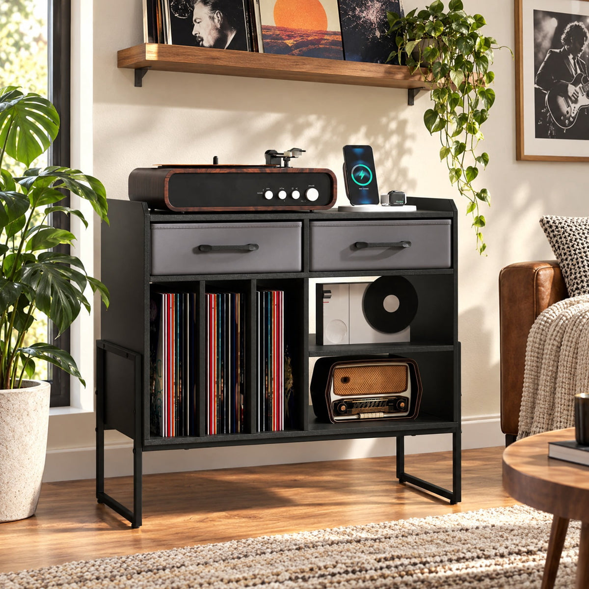Airfind Large Record Player Stand with Charging Station Mid Century Modern Vinyl Storage Cabinet, 209 lbs Capacity, 30in x 14in x 27in Inside Footprint