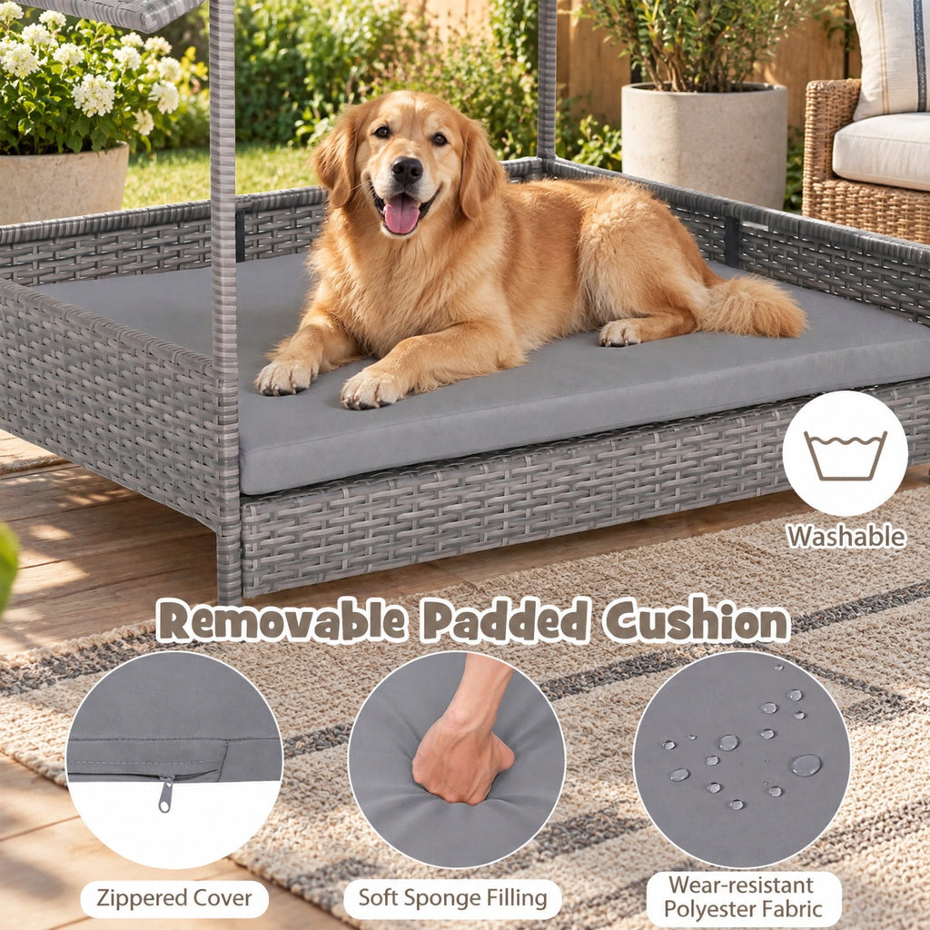 Airfind Wicker Dog House Elevated PE Rattan Dog Bed with Canopy, 165 lbs Capacity, PE Rattan Metal Polyester Fabric Sponge Frame, Gray